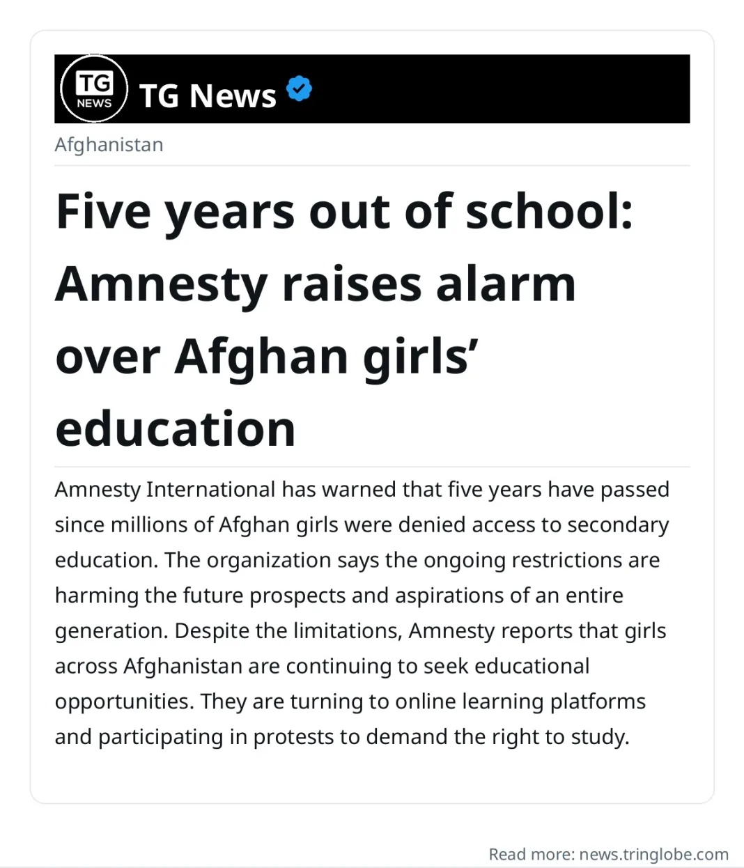 Five years out of school: Amnesty raises alarm over Afghan girls’ education