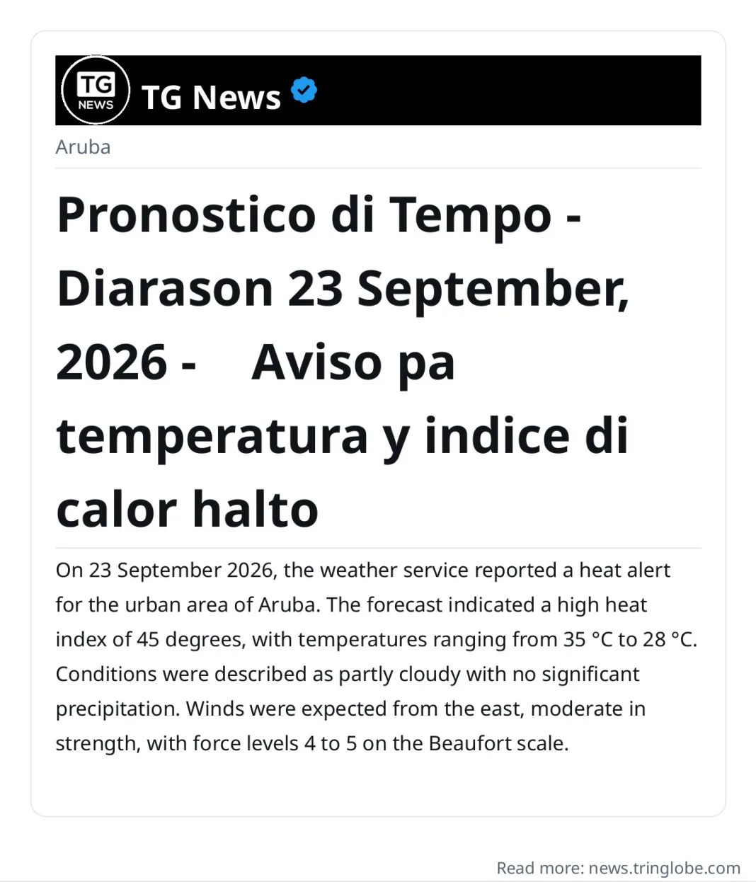 Pronostico di Tempo — Diarason 23 September, 2026 — ⚠️ Aviso pa temperatura y indice di calor halto
