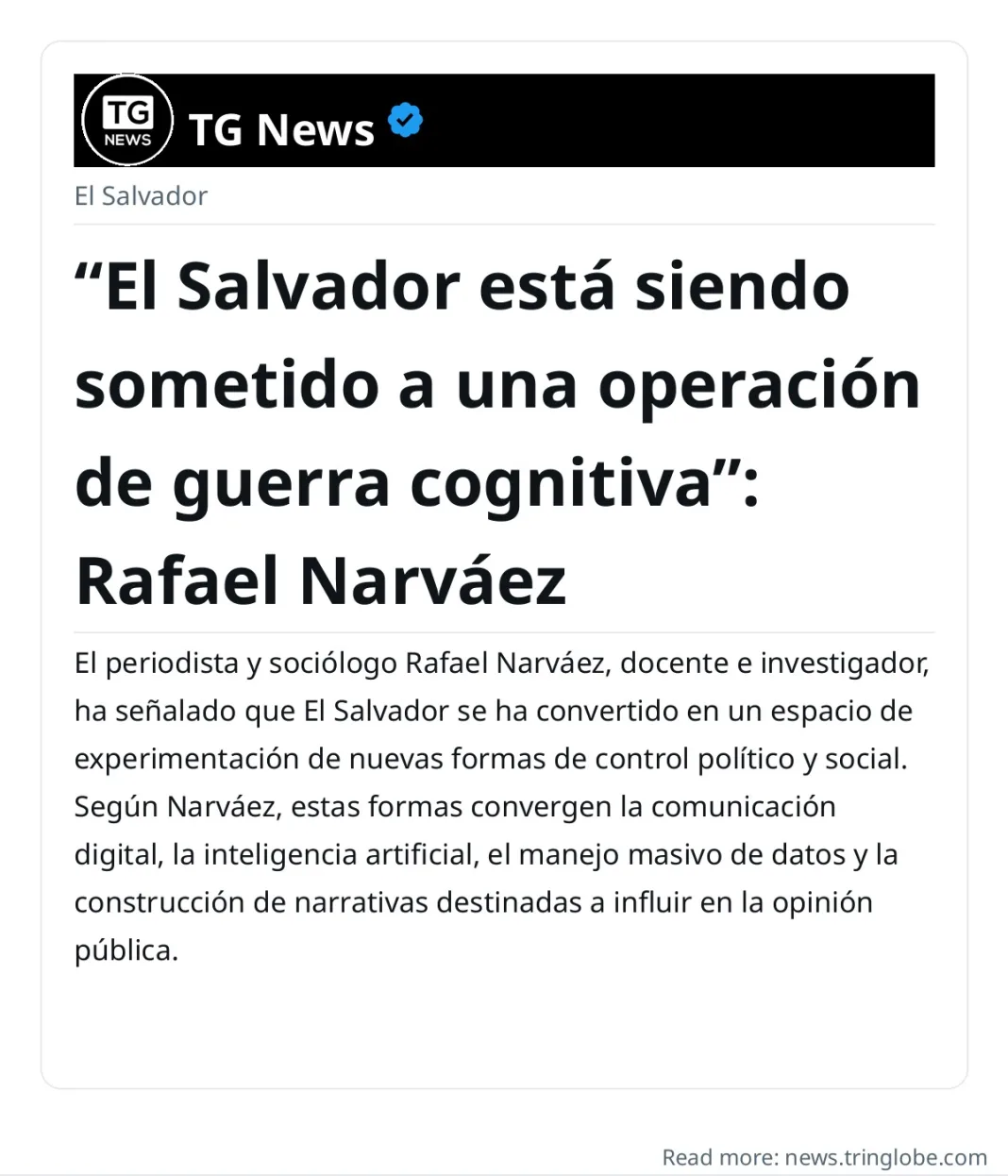 “El Salvador está siendo sometido a una operación de guerra cognitiva”: Rafael Narváez