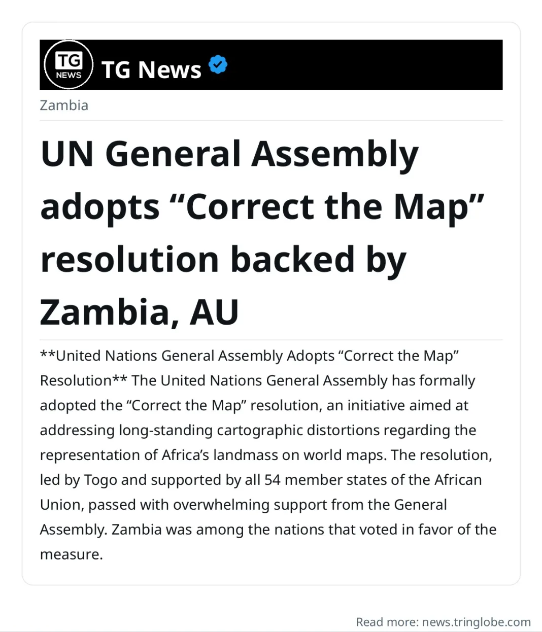 UN General Assembly adopts “Correct the Map” resolution backed by Zambia, AU