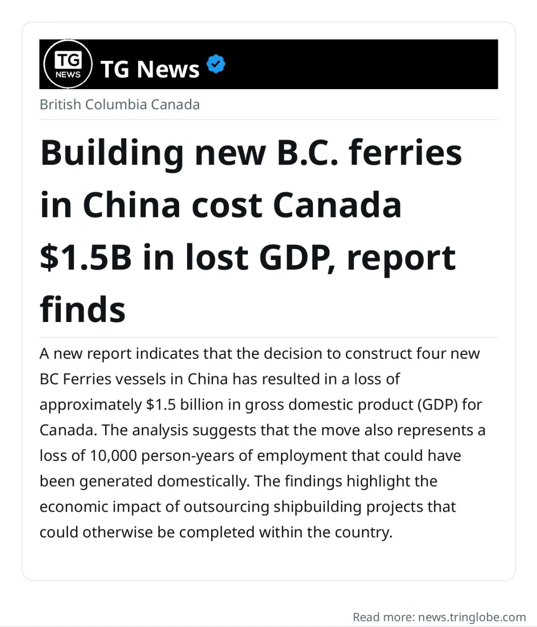 Building new B.C. ferries in China cost Canada $1.5B in lost GDP, report finds