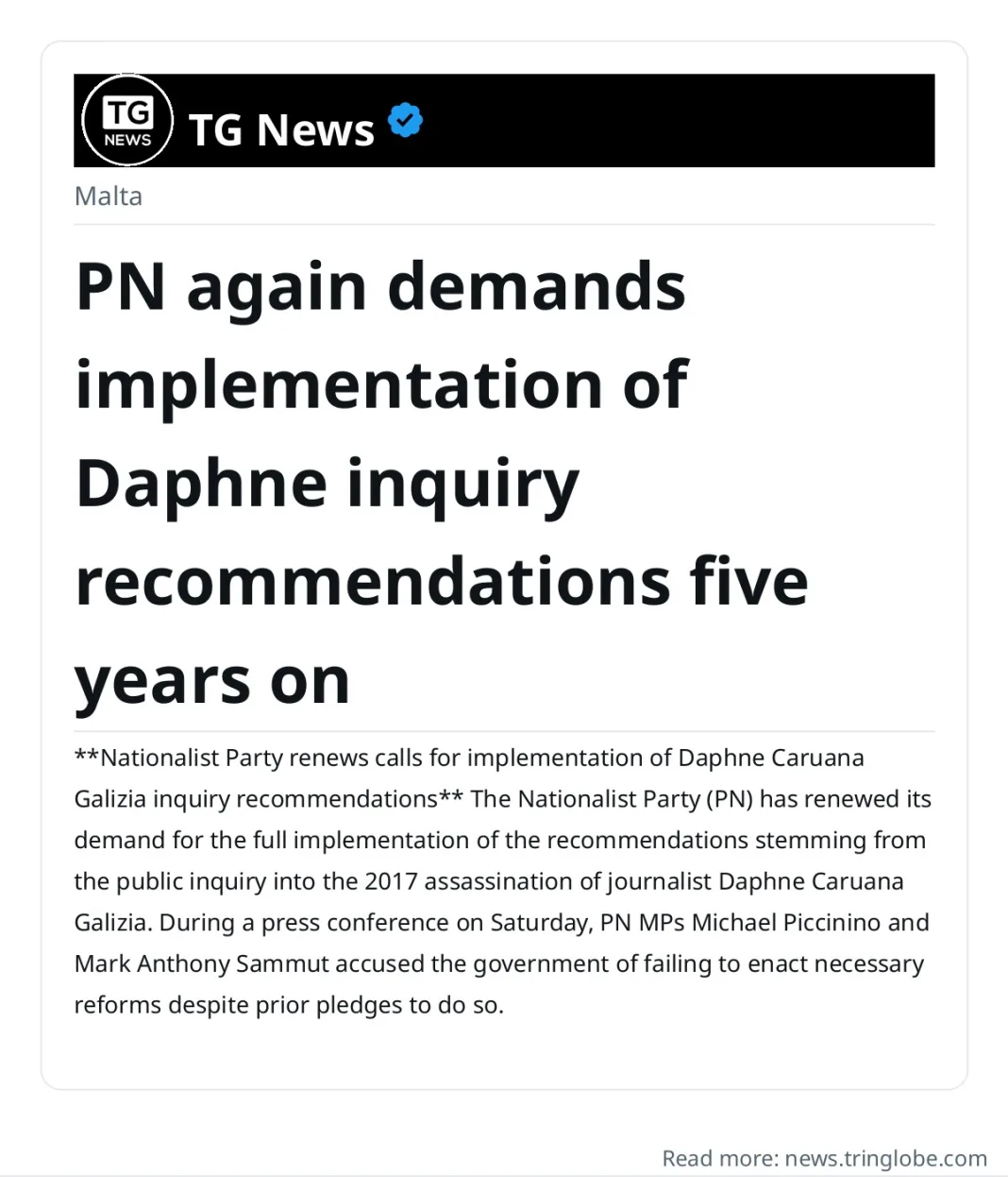 PN again demands implementation of Daphne inquiry recommendations five years on