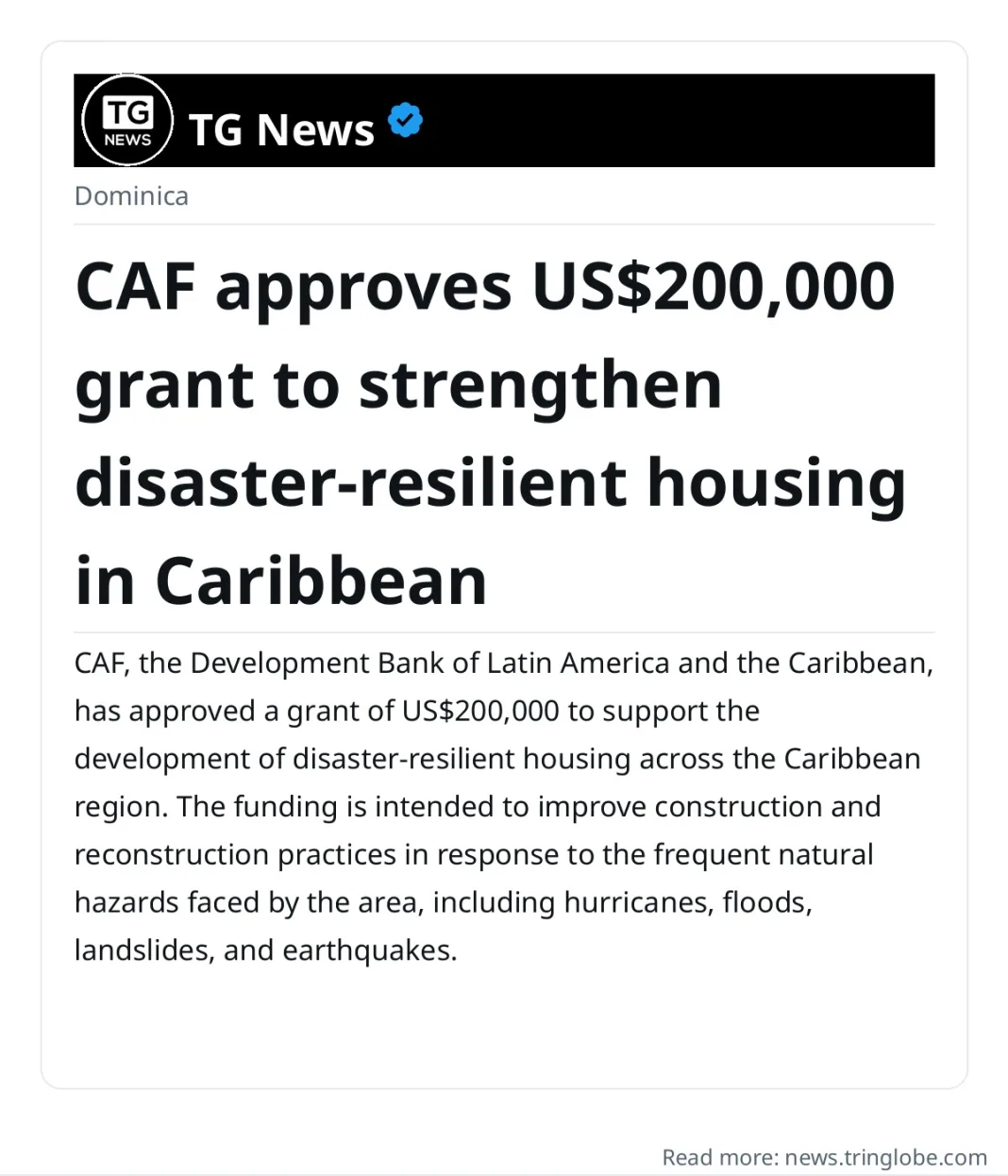 CAF approves US$200,000 grant to strengthen disaster-resilient housing in Caribbean