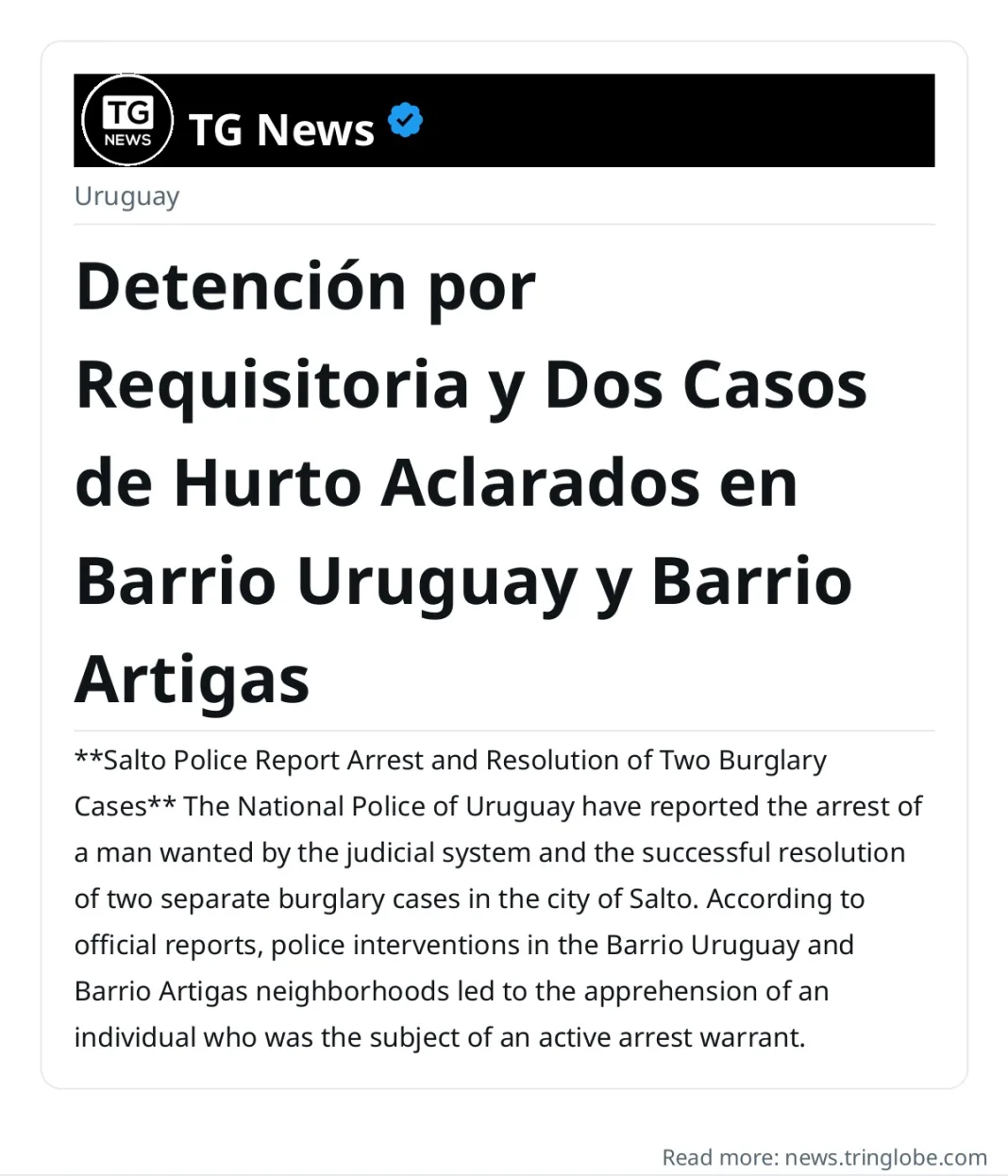 Detención por Requisitoria y Dos Casos de Hurto Aclarados en Barrio Uruguay y Barrio Artigas