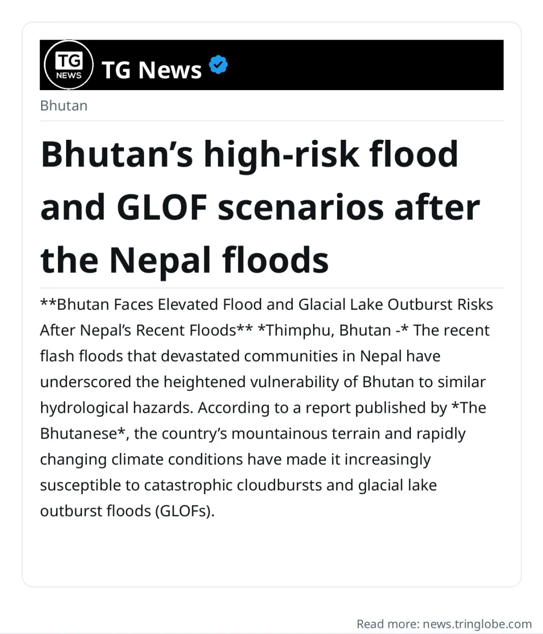 Bhutan’s high-risk flood and GLOF scenarios after the Nepal floods