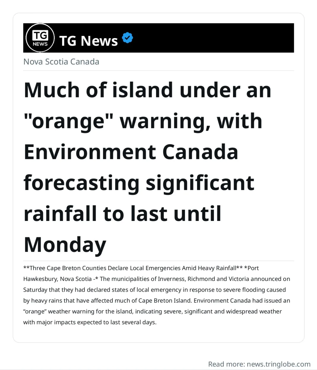 Much of island under an “orange” warning, with Environment Canada forecasting significant rainfall to last until Monday