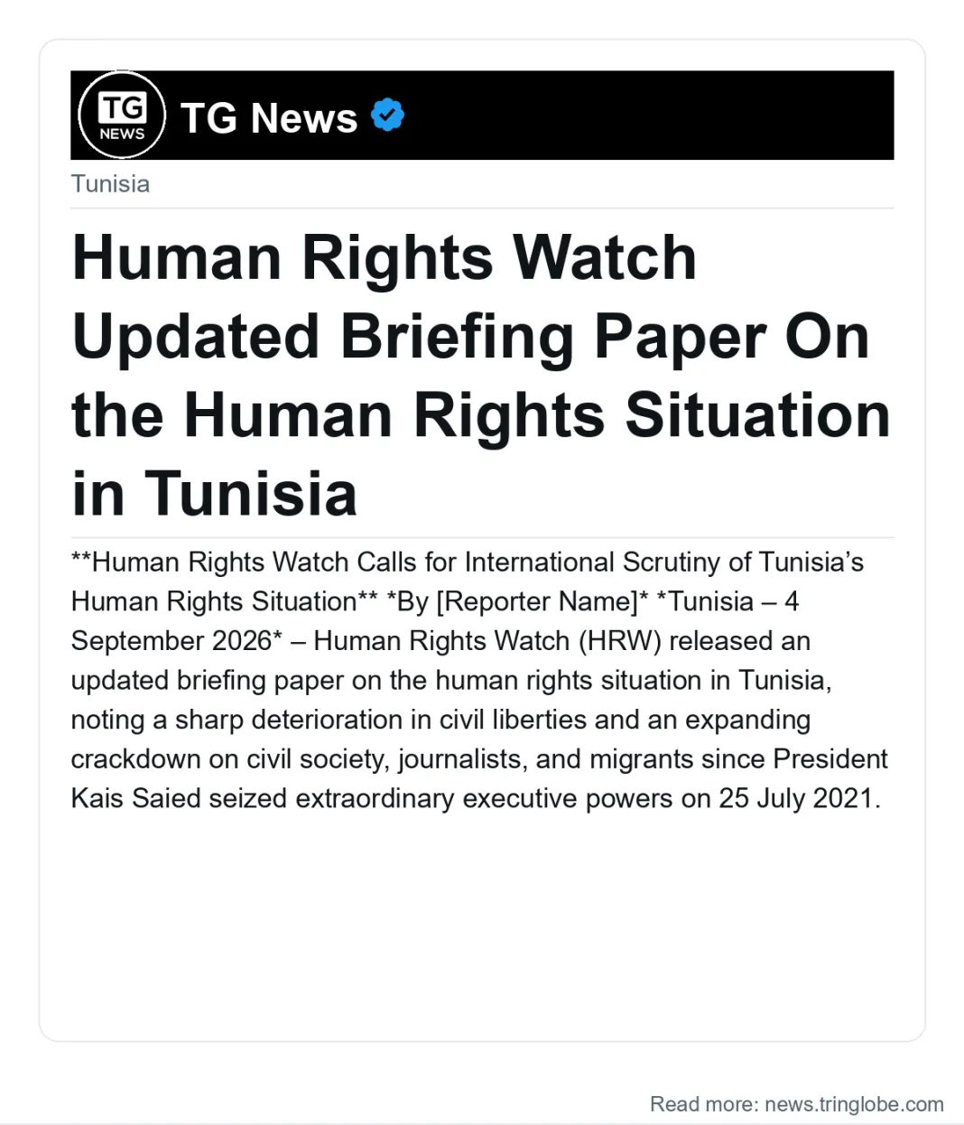 Human Rights Watch Updated Briefing Paper On the Human Rights Situation in Tunisia