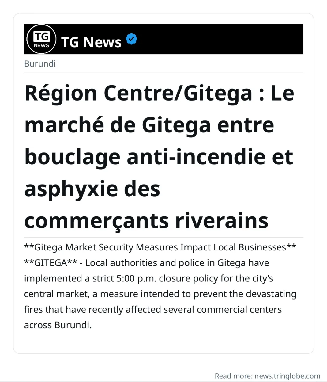 Région Centre/Gitega : Le marché de Gitega entre bouclage anti-incendie et asphyxie des commerçants riverains