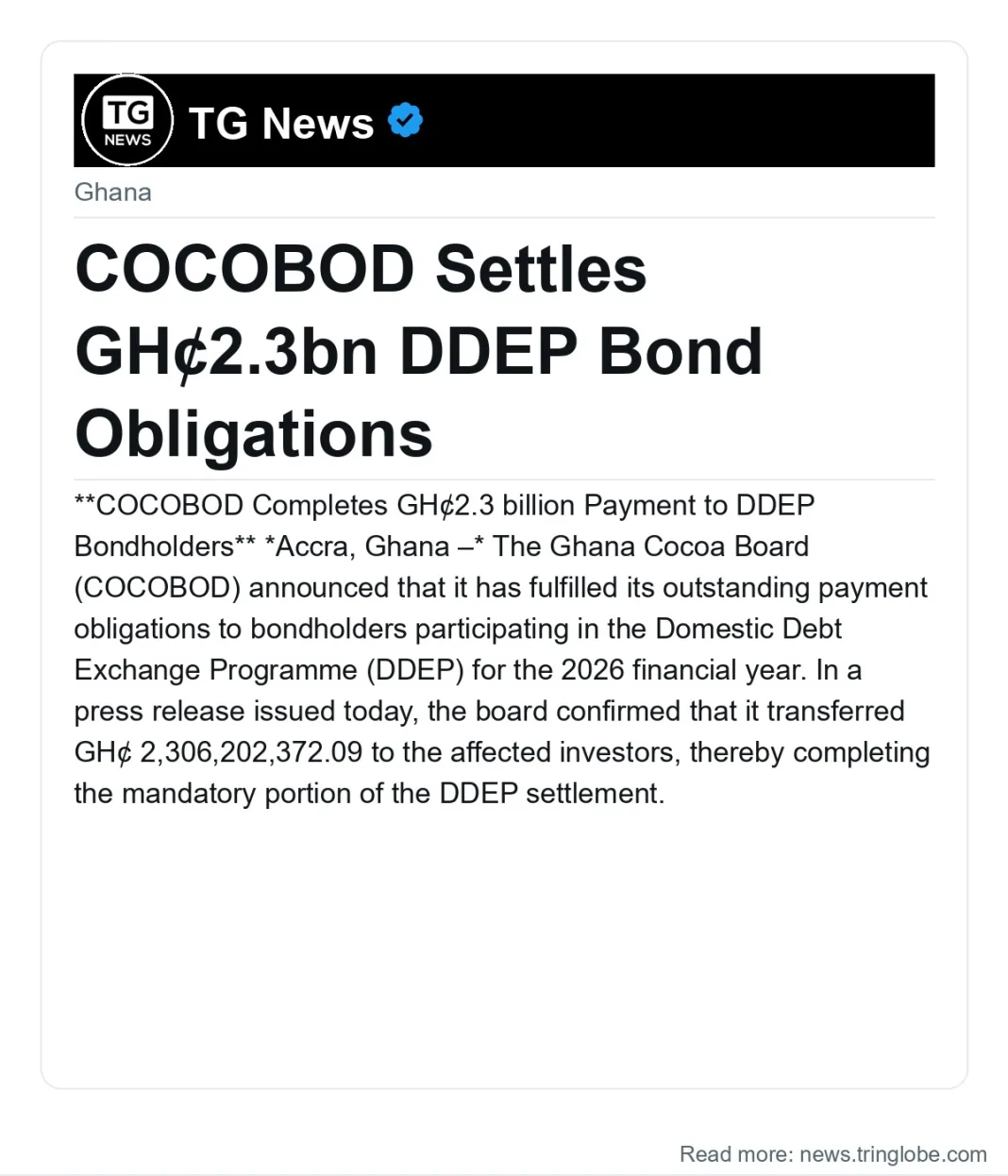 COCOBOD Settles GH¢2.3bn DDEP Bond Obligations