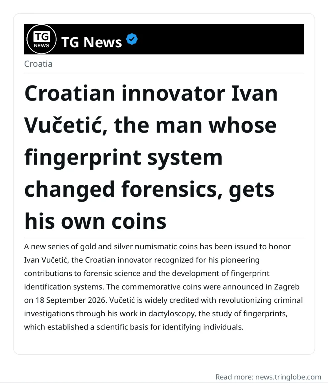 Croatian innovator Ivan Vučetić, the man whose fingerprint system changed forensics, gets his own coins