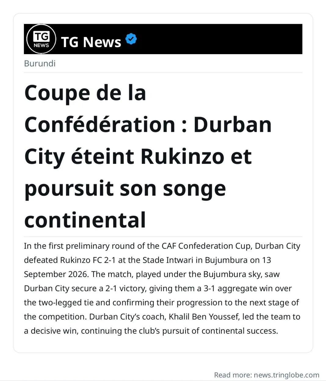 Coupe de la Confédération : Durban City éteint Rukinzo et poursuit son songe continental