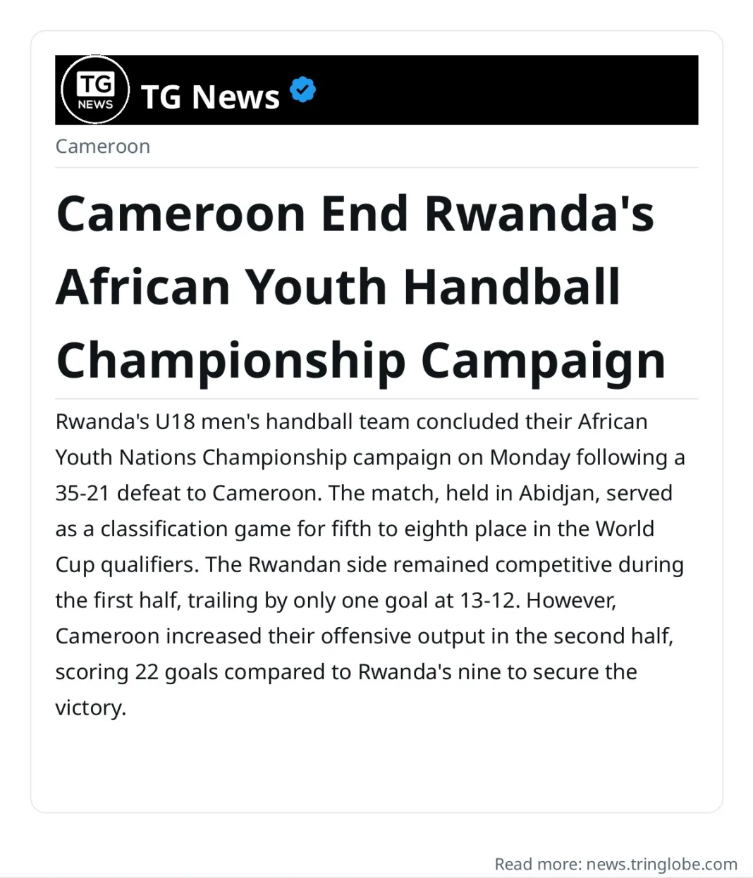 Cameroon End Rwanda’s African Youth Handball Championship Campaign