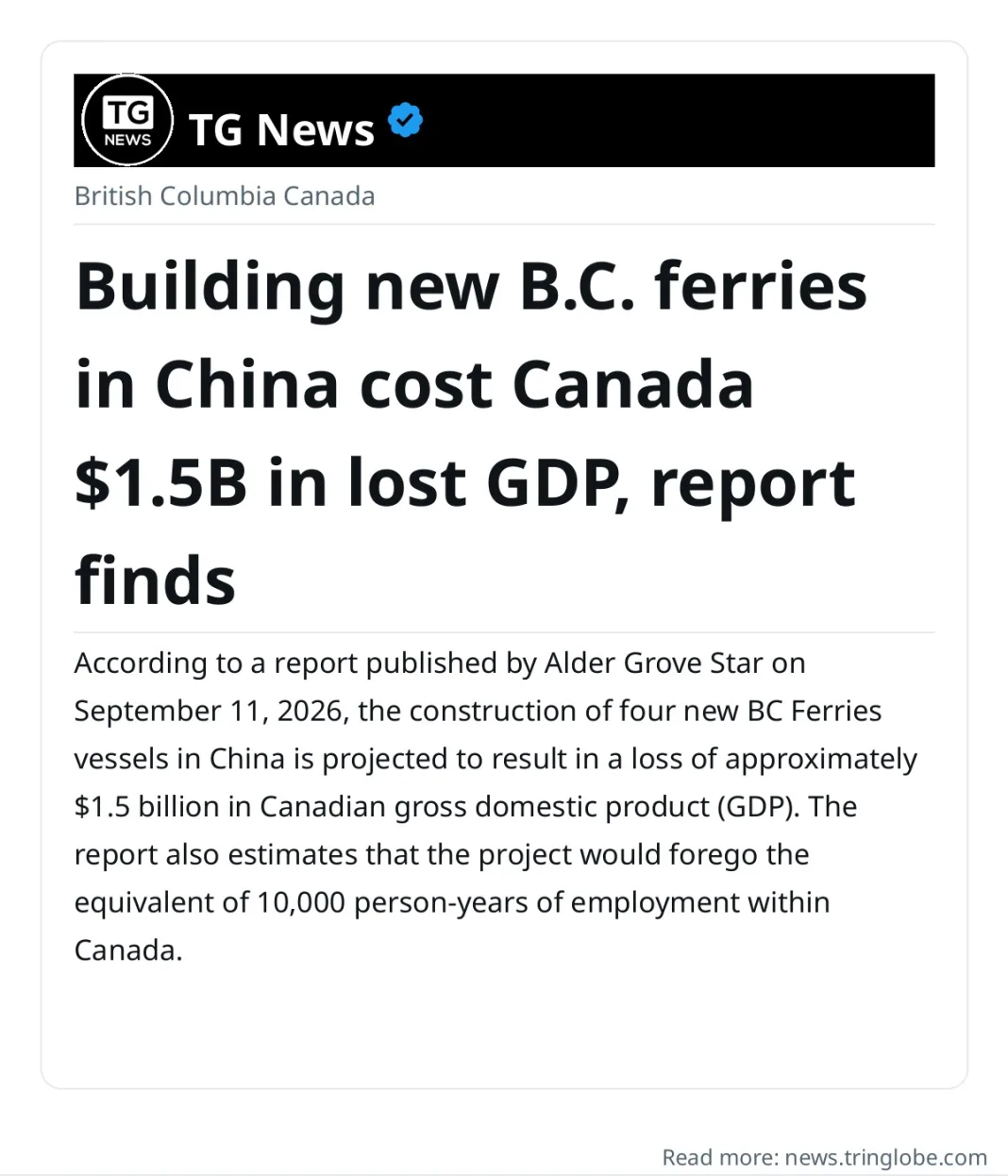 Building new B.C. ferries in China cost Canada $1.5B in lost GDP, report finds