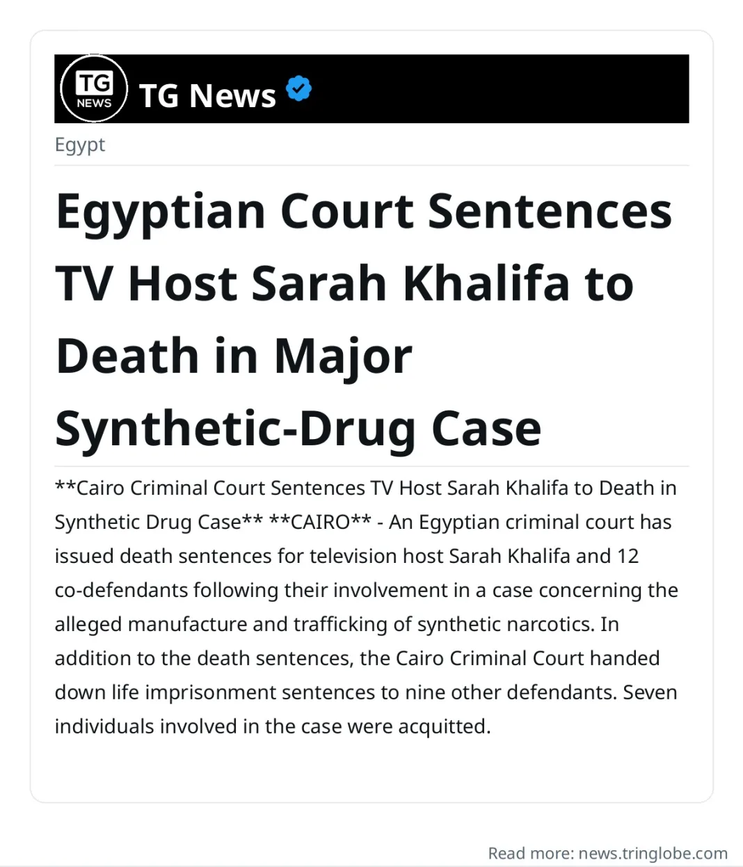 Egyptian Court Sentences TV Host Sarah Khalifa to Death in Major Synthetic-Drug Case