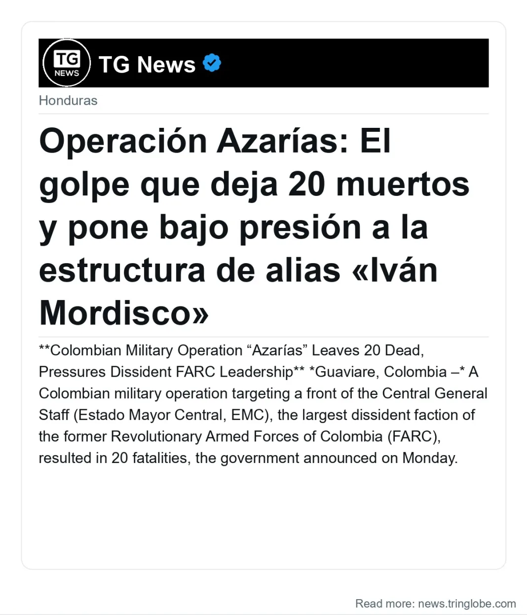 Operación Azarías: El golpe que deja 20 muertos y pone bajo presión a la estructura de alias «Iván Mordisco»