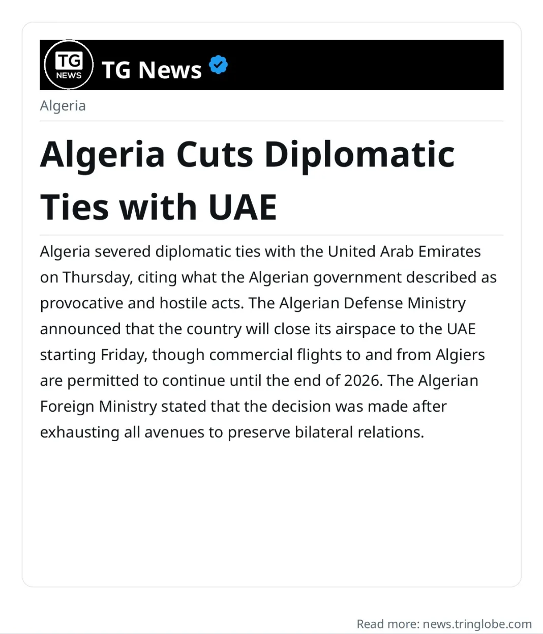 Algeria Cuts Diplomatic Ties with UAE