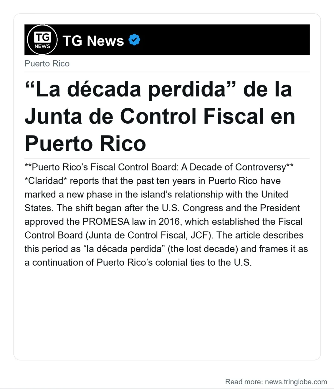 “La década perdida” de la Junta de Control Fiscal en Puerto Rico