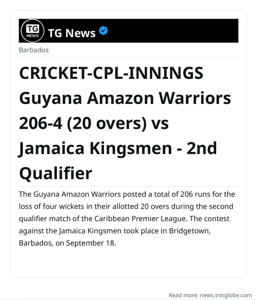 CRICKET-CPL-INNINGS Guyana Amazon Warriors 206-4 (20 overs) vs Jamaica Kingsmen – 2nd Qualifier
