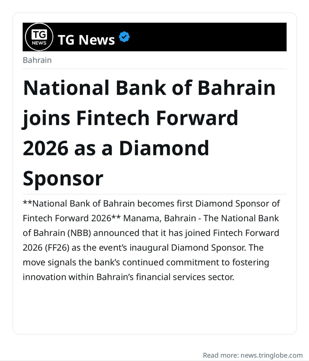 National Bank of Bahrain joins Fintech Forward 2026 as a Diamond Sponsor