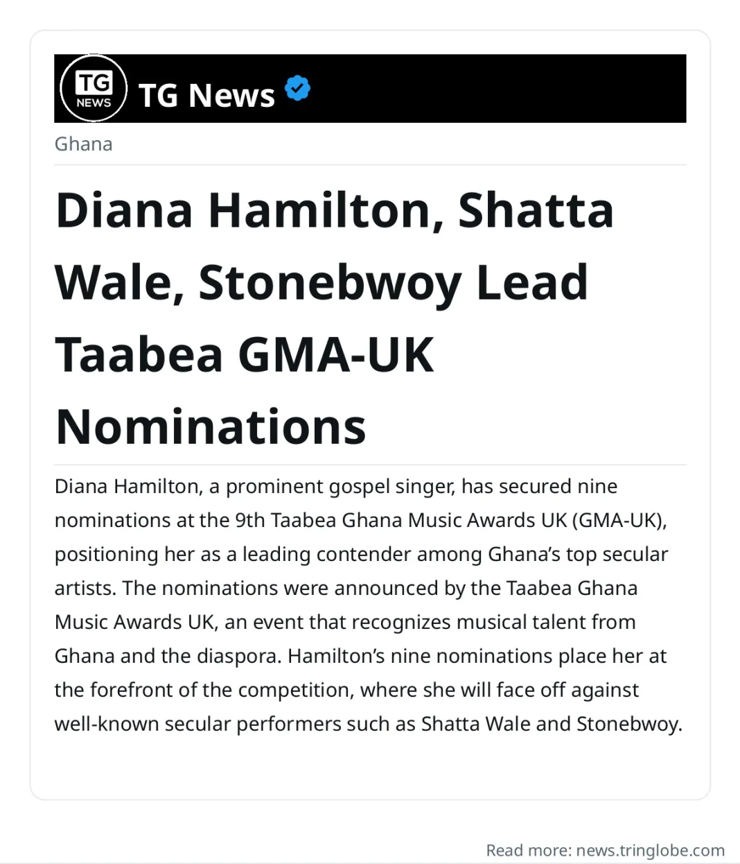 Diana Hamilton, Shatta Wale, Stonebwoy Lead Taabea GMA-UK Nominations