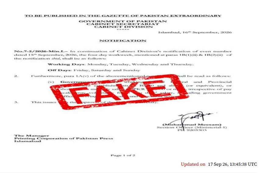 Four-Day Workweek Notification Is Fake, Says Information Ministry