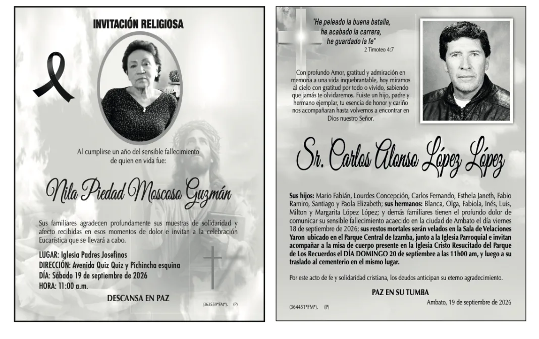PARTES MORTUORIOS Y OBITUARIOS 19 DE SEPTIEMBRE DE 2026