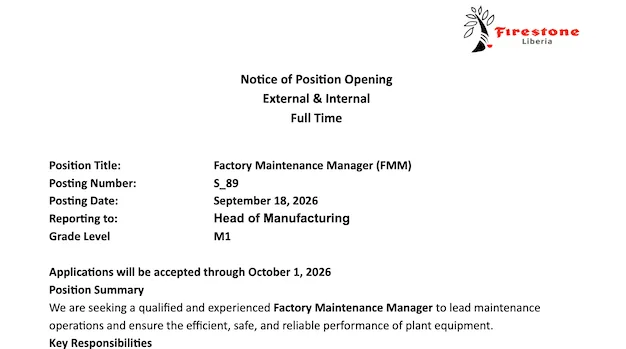 Factory Maintenance Manager (FMM) Needed