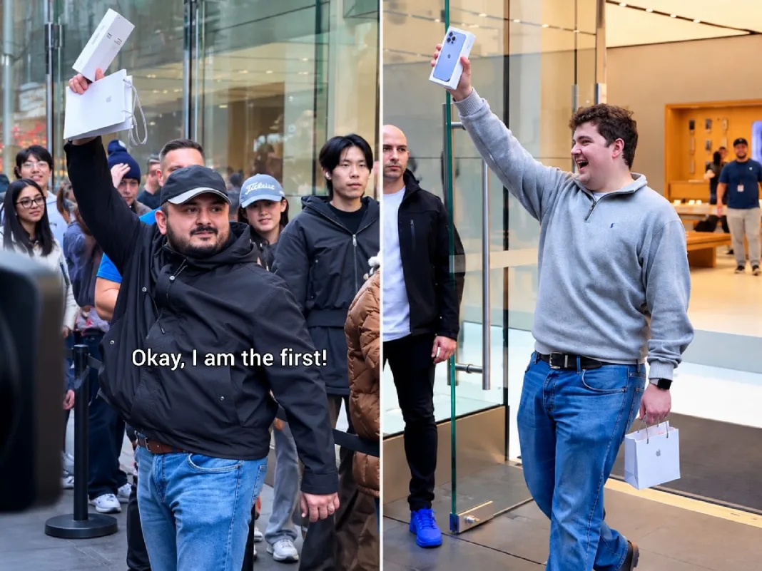Crowd cheers as excited iPhone buyer celebrates supposed worldwide first.