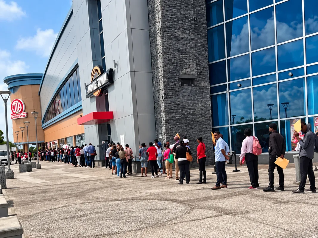 Huge Line Of Job Seekers Stretches Along Building As Large Crowd Searches For Work