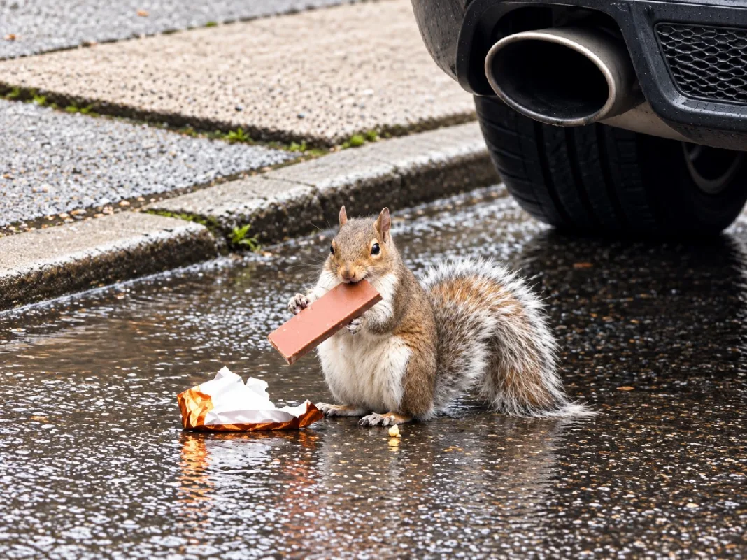 Hungry squirrel wastes no time enjoying Trinidad’s familiar caramel treat.