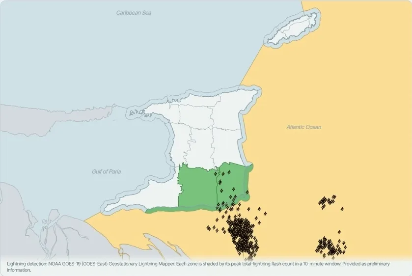 Trinidad Sees Over 500 Lightning Flashes Amid Heavy Rainfall Across Southern and Eastern Regions