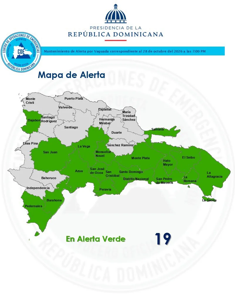COE mantiene 19 provincias en alerta verde por vaguada en República Dominicana