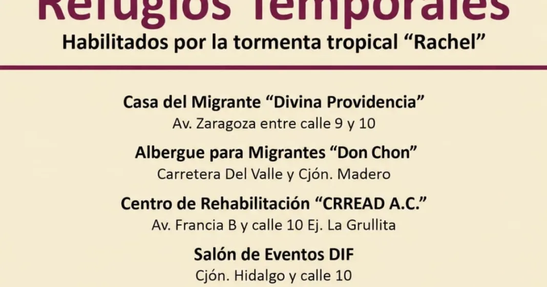 Habilitan albergues temporales ante posibles efectos de la tormenta tropical “Rachel”
