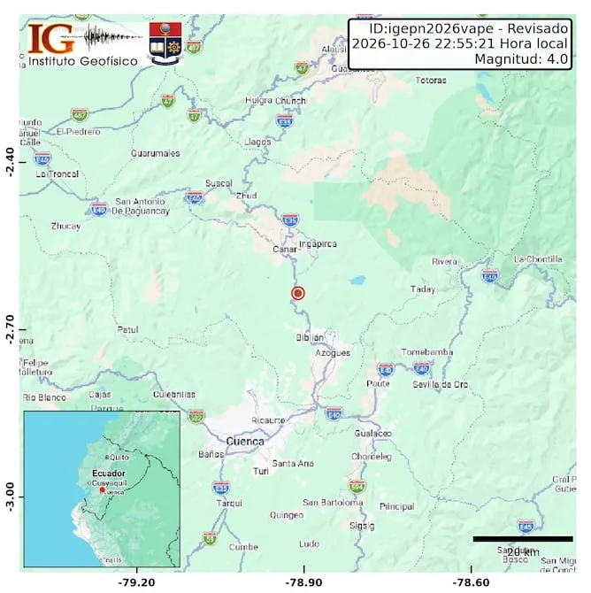 Sismo de magnitud 4 se sintió en tres cantones de Cañar la noche de este lunes