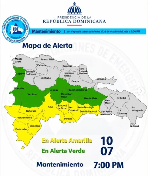 COE mantiene 10 provincias y el Distrito Nacional en alerta amarilla por incidencia de vaguada