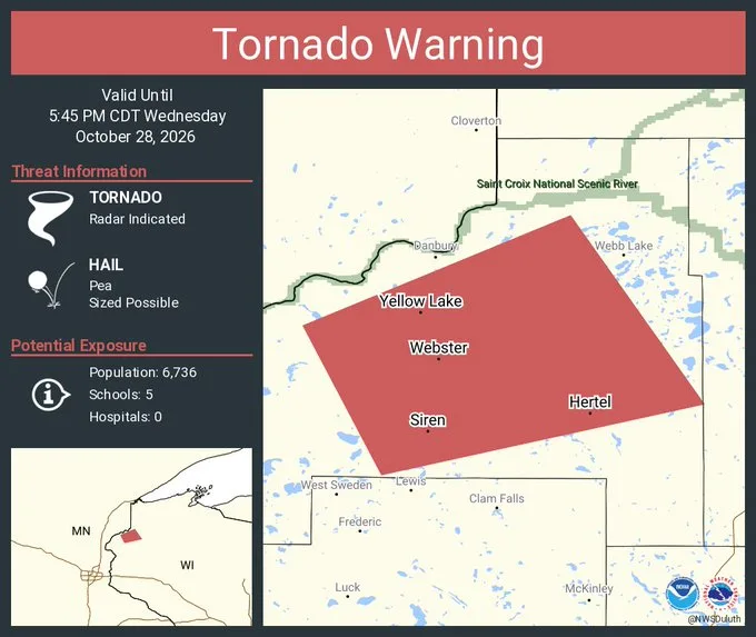Tornado Warning Continues for Siren, Webster and Hertel, Wisconsin, Until 5:45 PM CDT
