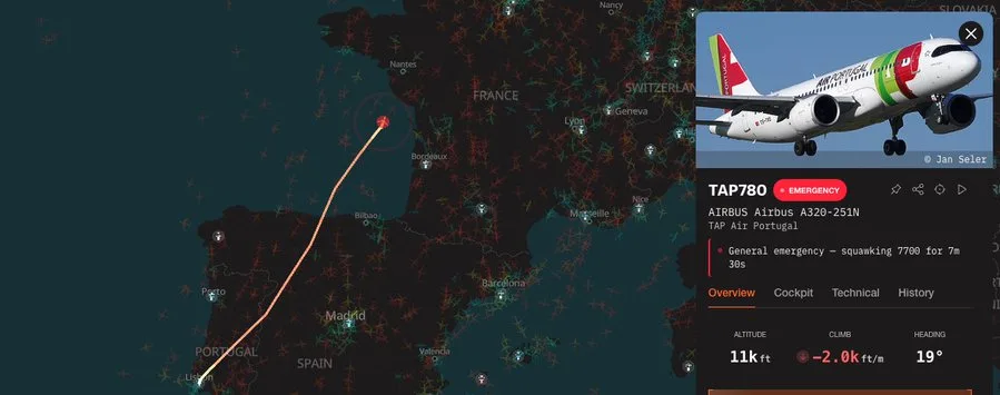 TAP-flyg TP780 omdirigeras mot Nantes i Frankrike efter nödlarm på väg till Stockholm